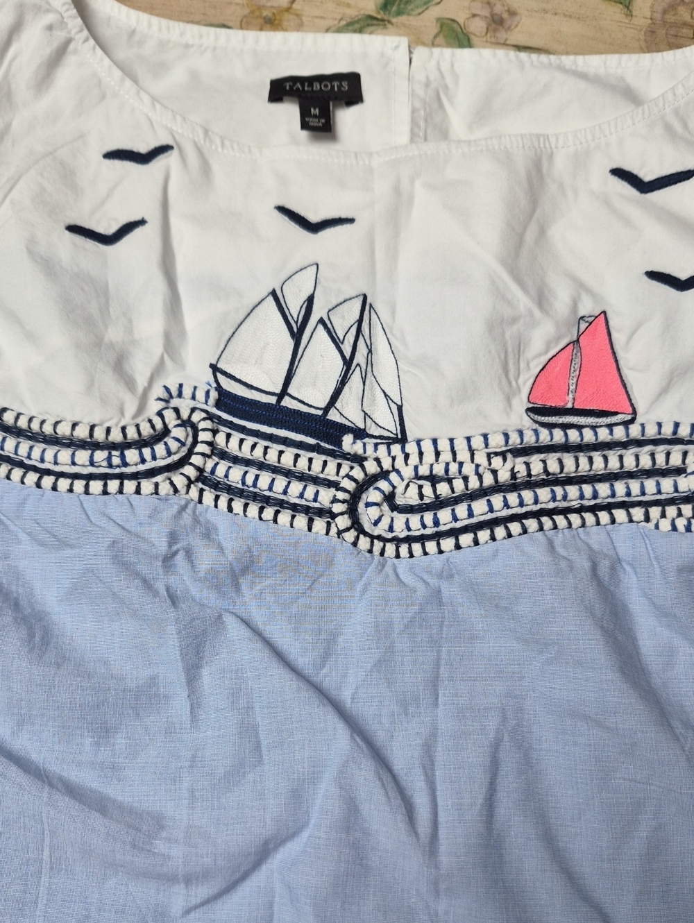 Talbots White and Light Blue Nautical Embroidered Sailboat Top with Pink Accent